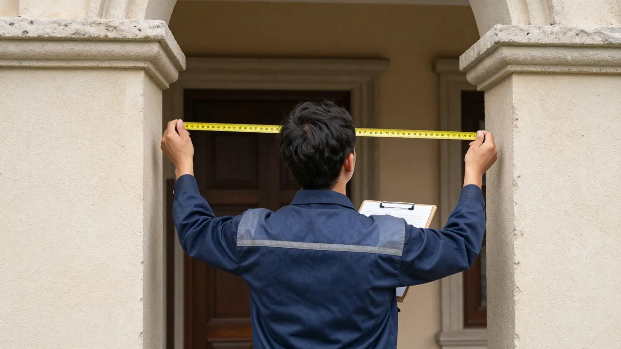 Relevé des cotes entre deux piliers avant un devis de portail