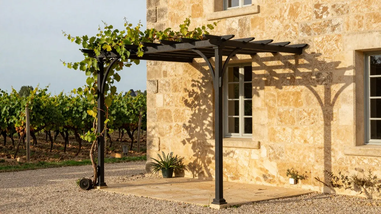 Pergola en fer forgé adossée à une bastide de l’arrière-pays
