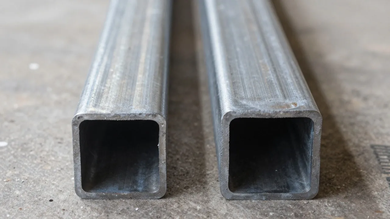 Tube d’acier creux et fer plein forgé comparés sur un établi