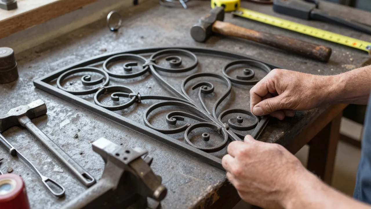 Panneau de fer forgé à volutes en cours de fabrication sur l’établi d’un atelier
