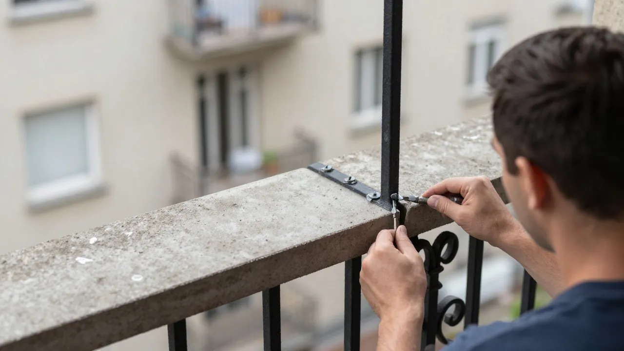 Fixation en nez de dalle d’un garde-corps de balcon en fer forgé