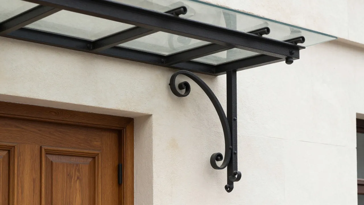 Potence en fer forgé d’une marquise fixée au mur au-dessus d’une porte