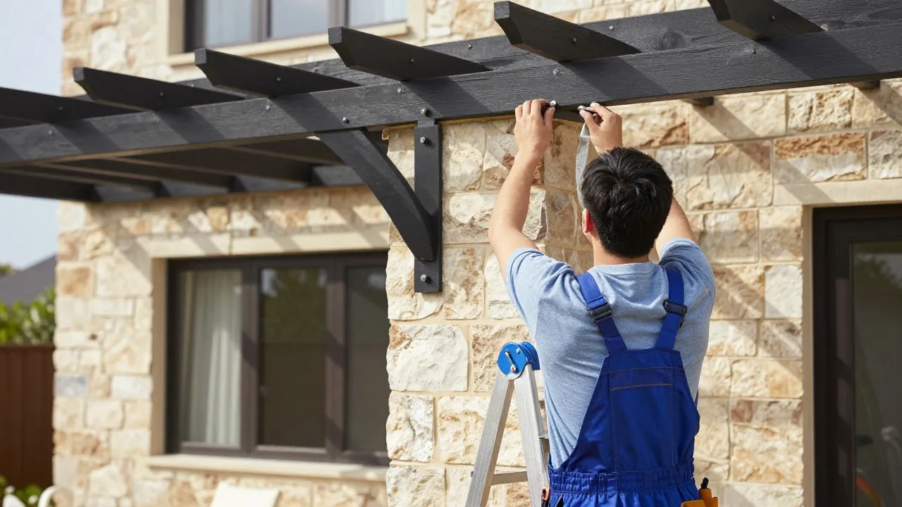 Fixation de la lisse murale d’une pergola adossée sur une façade en pierre