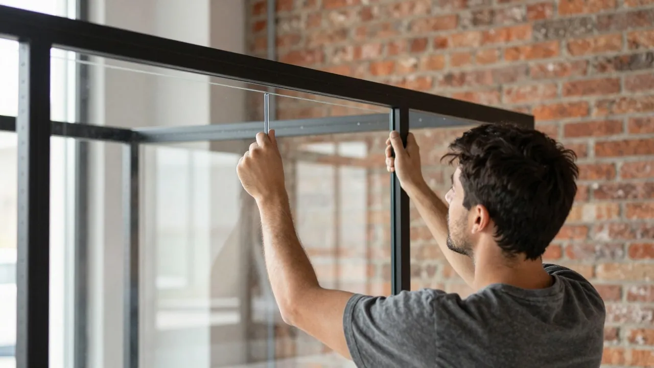 Pose d’un vitrage dans le cadre d’une verrière d’atelier en acier