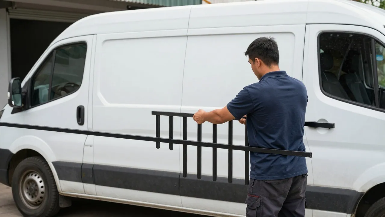 Ferronnier chargeant un garde-corps terminé dans son utilitaire devant l’atelier